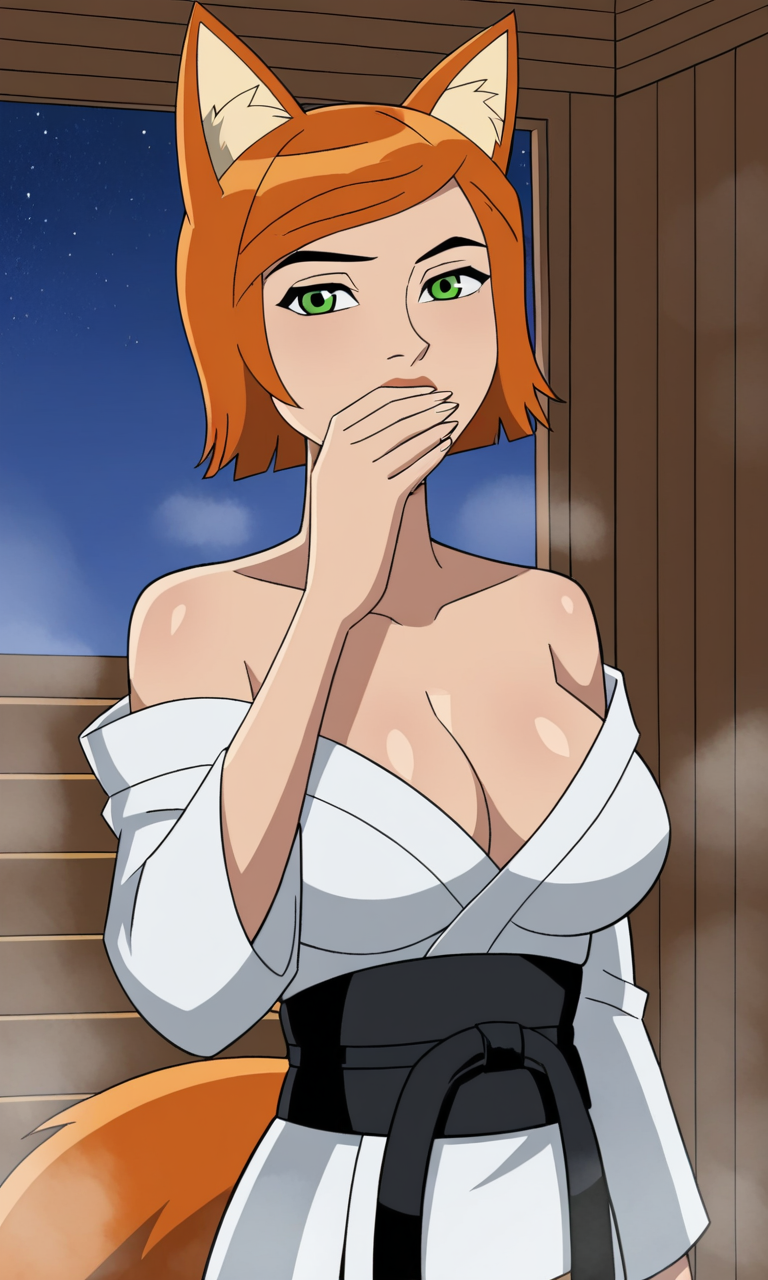 ai_generated ben_10 ben_10_ultimate_alien bigmic145 breasts cleavage female female_focus female_only fox_ears fox_girl fox_tail ginger ginger_hair gwen_tennyson gwen_tennyson_(alien_force) gwen_tennyson_(ultimate_alien) medium_breasts orange_hair sauna short_hair yukata