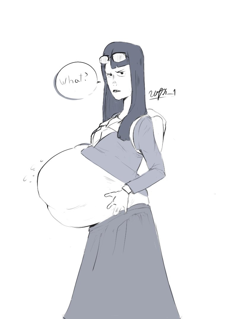 annoyed backpack big_belly black_hair bloated bloated_belly dialogue glasses_on_head keep_your_hands_off_eizouken sayaka_kanamori skinny_female skinny_girl skirt small_breasts unknown_artist unknown_source