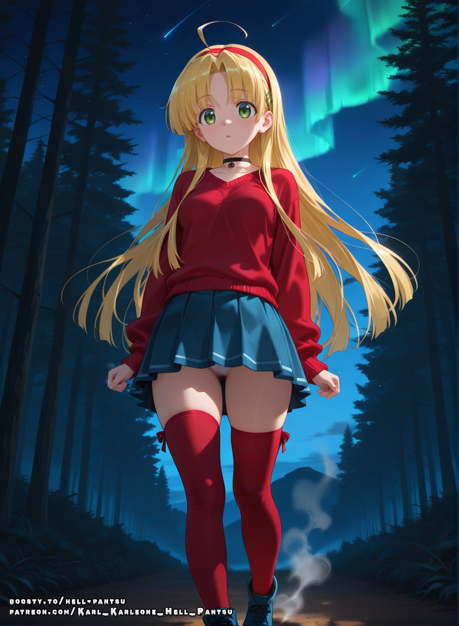 ahoge ai_generated asia_argento blonde_hair female green_eyes hell-pantsu high_school_dxd panties skirt sweater