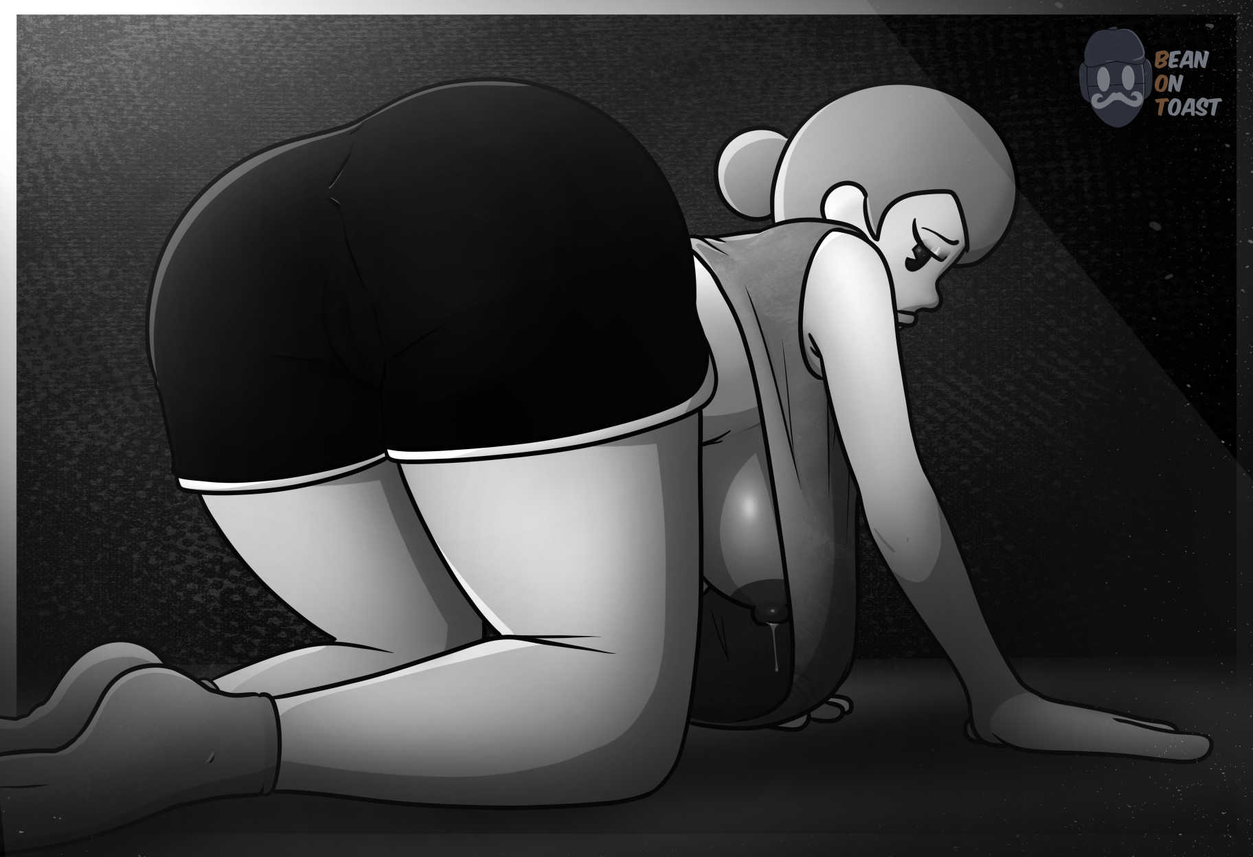 2025, 2d, 2d (artwork), 2d artwork, artist logo, artist name, baggy shirt, beanontoast, big breasts, booty shorts, breasts, brenda (clover), clover (or3o), female, grey hair, monochrome, nice ass, on hands and knees, shorts, thick thighs, visible breasts, visible nipples