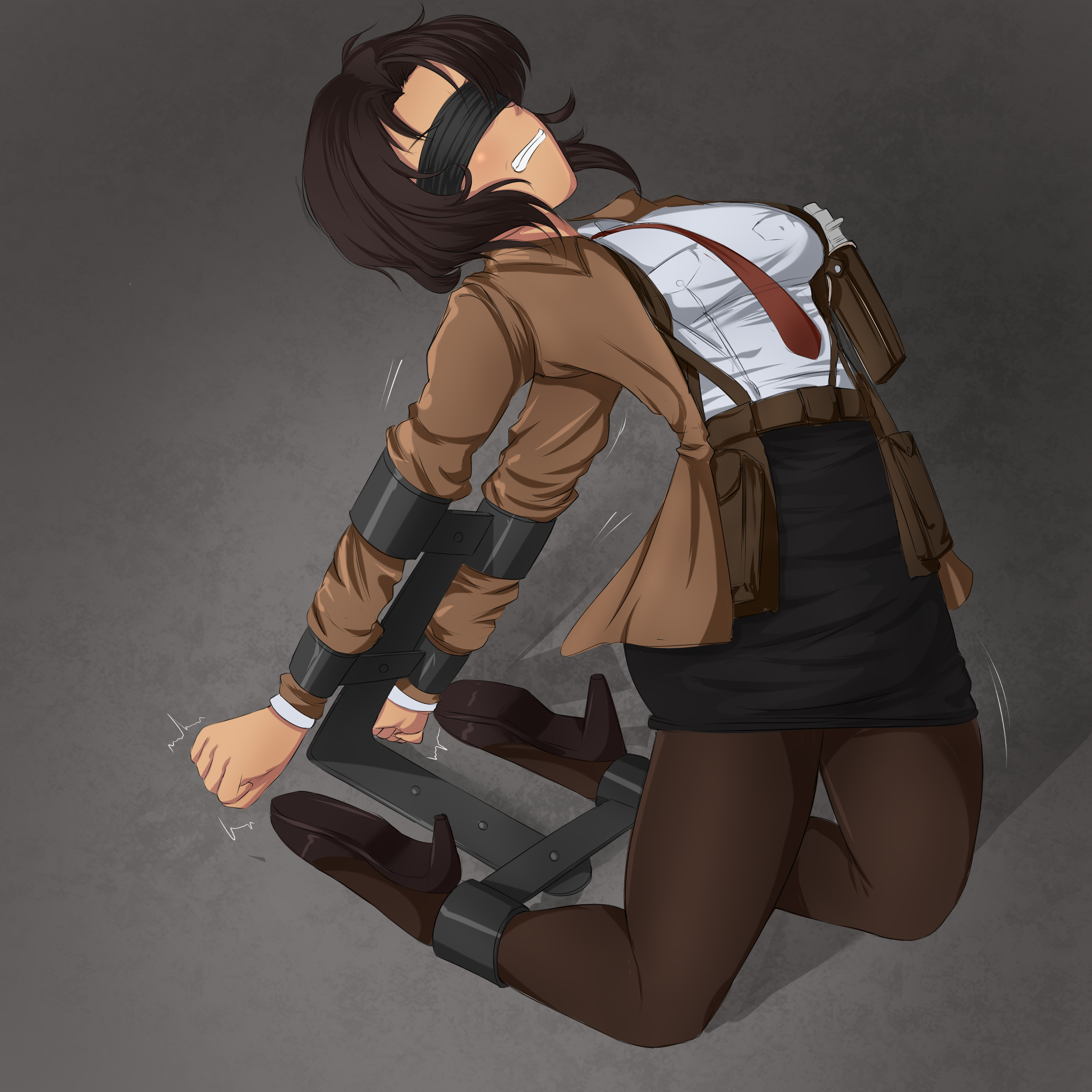 blindfold, bondage, bondage furniture, bondage gear, gunsmith cats, kenichillustrated, rally vincent, stretching, uncomfortable, uncomfortable pose