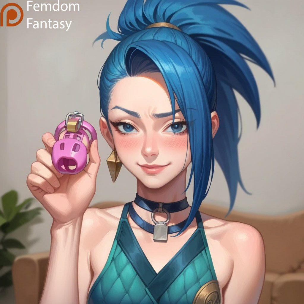 1girls ai_generated akali another cage chastity cocky device dominant domination dominatrix female femdom femdomfantasyai league_of_legends locked offering only slave smile solo tencent to viewer