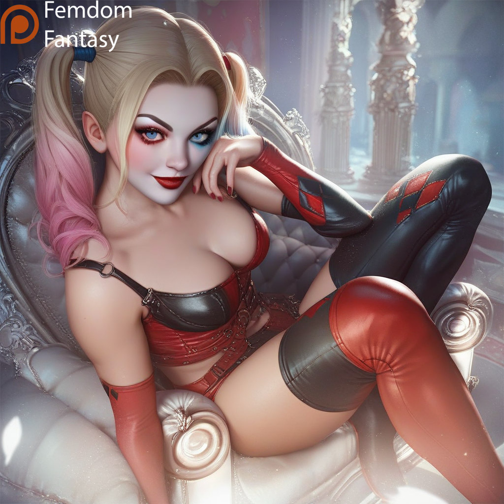 1girls ai_generated big breasts dc_comics dominant domination explicit female femdom femdomfantasyai fire harley_quinn nation nude obey ordering room rules throne worship