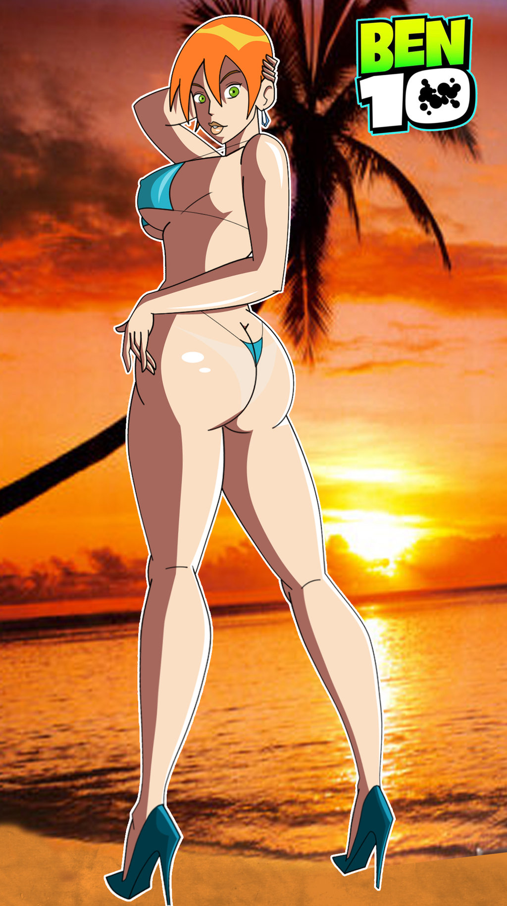 1girls, ass, ass cleavage, ass crack, ben 10, ben 10 (classic), big breasts, bikini, breasts, bubble ass, bubble butt, butt crack, cartoon network, female, female only, future gwen, future gwen (ben 10,000), green eyes, grimphantom, gwen tennyson, high heels, hoop earrings, nipples, orange hair, solo, warner, warner bros, warner bros. animation, warner brothers