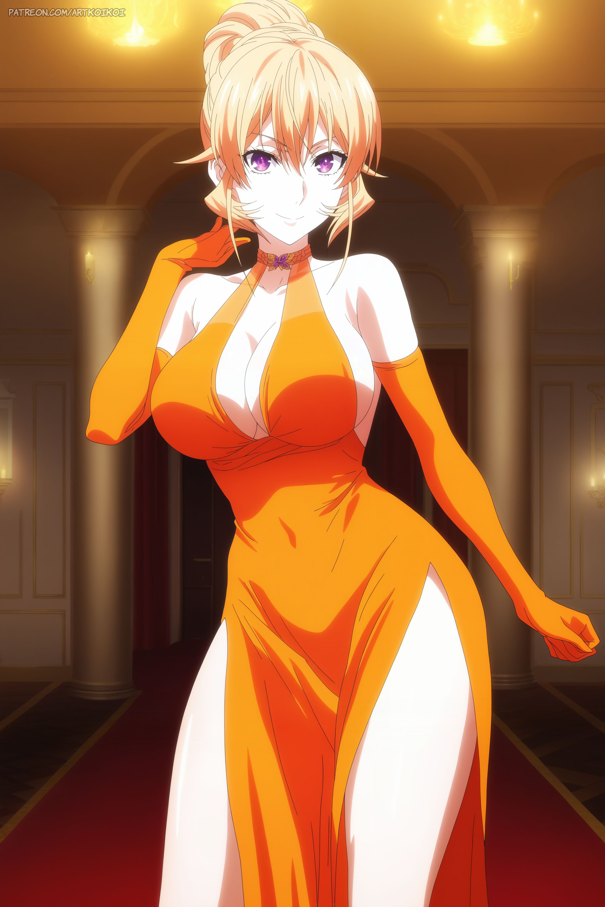 ai generated, artkoikoi, big breasts, blonde hair, breasts, cleavage, dress, elbow gloves, elegant, female, hair tied up, high cut, highres, hourglass figure, long hair, nakiri erina, neck hold, orange dress, orange gloves, patreon, patreon username, posing, posing for the viewer, purple eyes, shokugeki no souma, tied hair