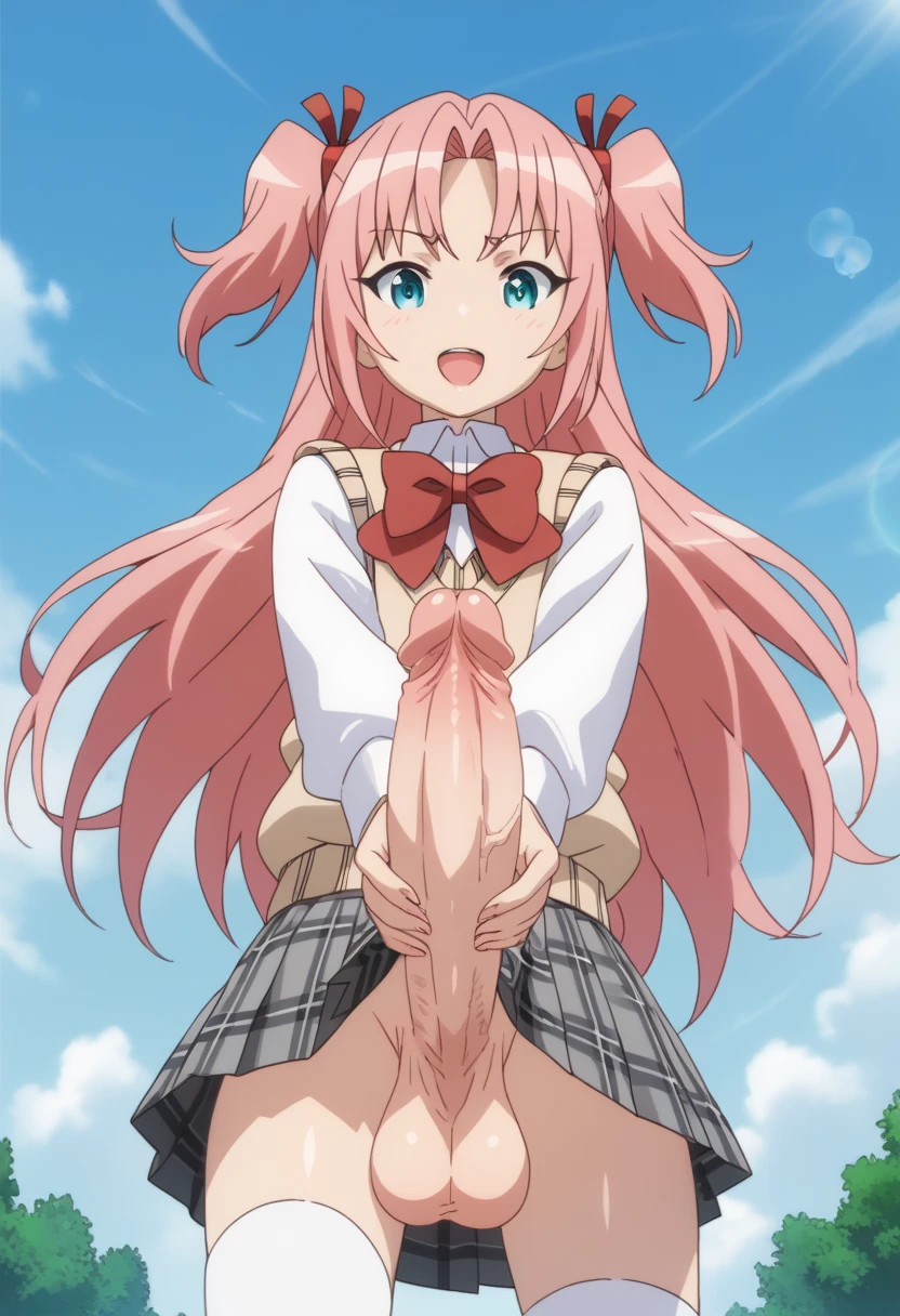 ai_generated androgynous arikawa_hime big_balls big_penis blue_eyes close-up crossdressing femboy femboy_only feminine_body feminine_male from_below front_view gay himegoto huge_cock otoko_no_ko otokonoko penis pink_hair pov_solo solo_focus taker_pov trap