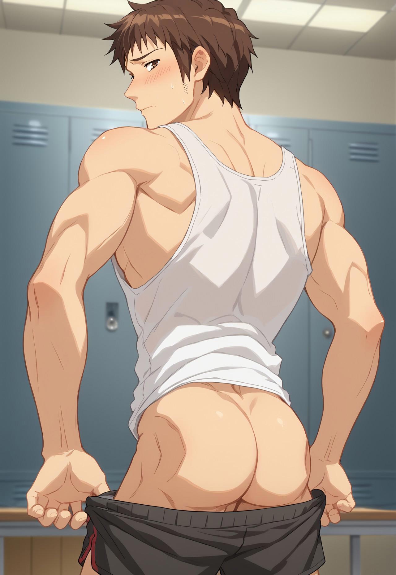 abs ai_generated ass balls bara biceps big_balls big_penis gay kyon male male_only muscular pecs penis showing_off suzumiya_haruhi_no_yuuutsu sweat sweaty teasing thighs yaoi yoichisai