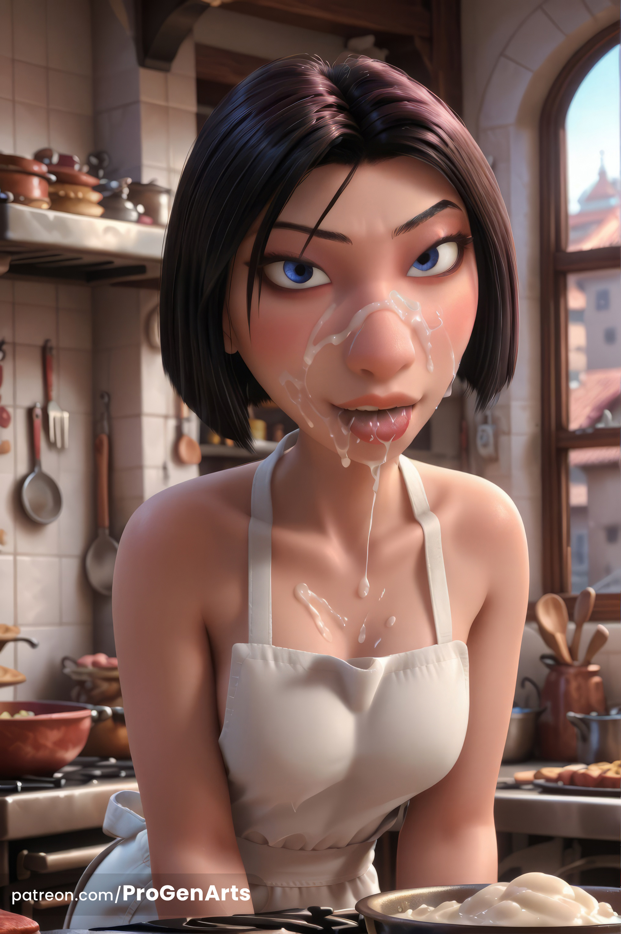 1girls, ai generated, apron, artist name, bare shoulders, black hair, blue eyes, bob cut, breasts, cleavage, colette tatou, collarbone, cum, day, disney, facial, female, food, food on face, gumroad username, hi res, indoors, kitchen, lips, looking at viewer, messy, naked apron, nose, patreon username, pixar, progenarts, ratatouille, sexually suggestive, short hair, small breasts, solo, suggestive fluid, tongue, tongue out, upper body, watermark, web address, white apron, window
