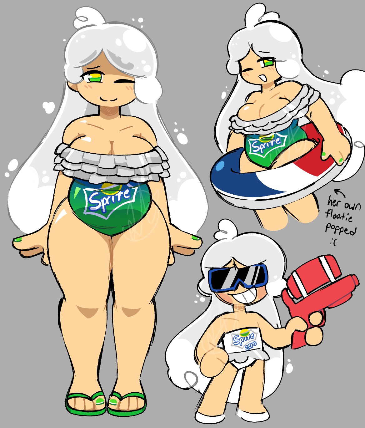 chubby cleavage floatie gjinka large_breasts one-piece_swimsuit one_eye_closed sprite_(supersoursoda) supersoursoda swimsuit thick_thighs water_gun wide_hips