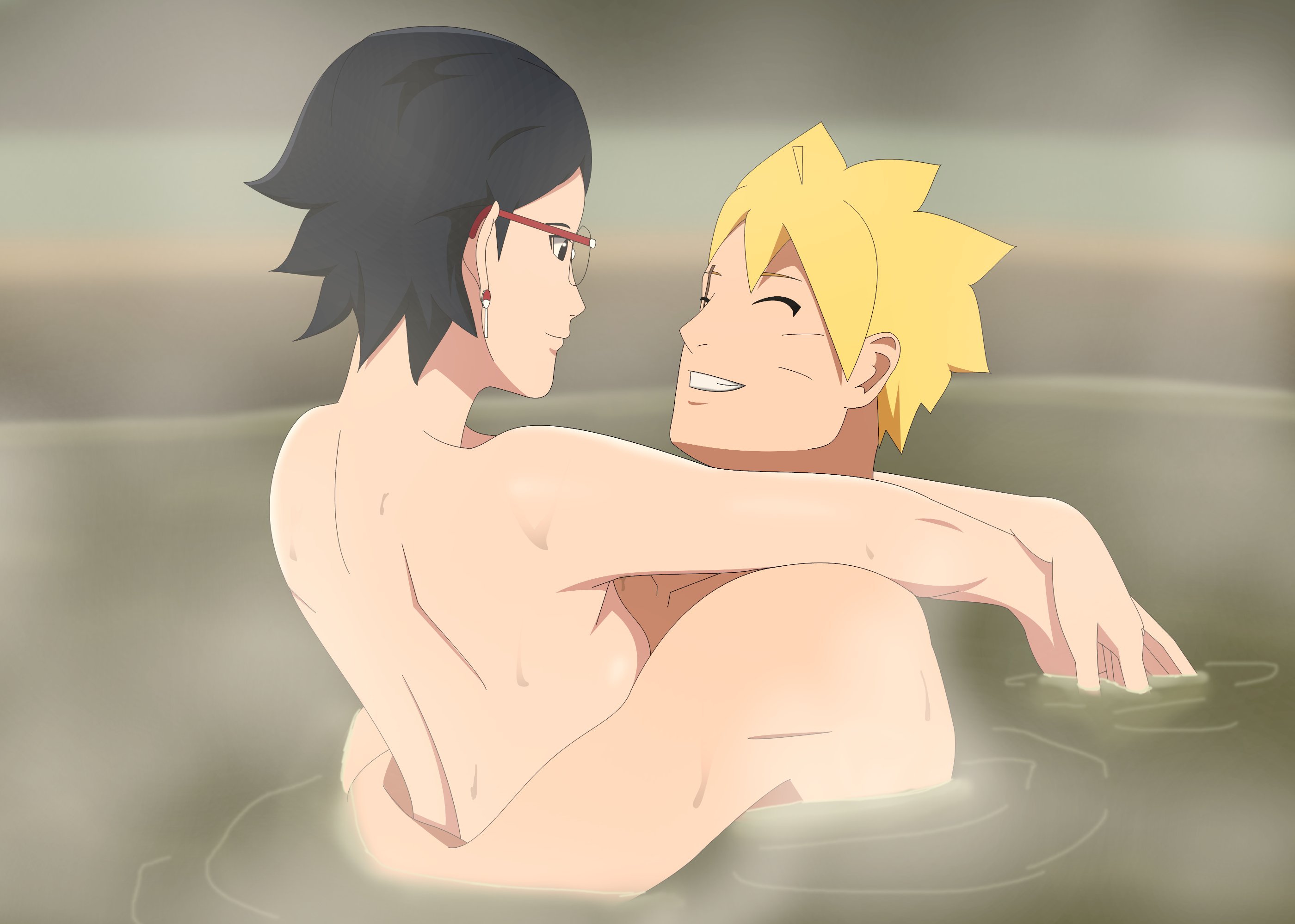 1boy, 1girls, bath, bathing, boruto sex, boruto: two blue vortex, completely nude, female, glasses, hug, hugging, hugging another, imminent sex, male, naruto, naruto (series), nude, nude female, nude male, optimystic, sarada uchiha, smile, smiling, straight, teenager, teenager on teenager, uzumaki boruto, young