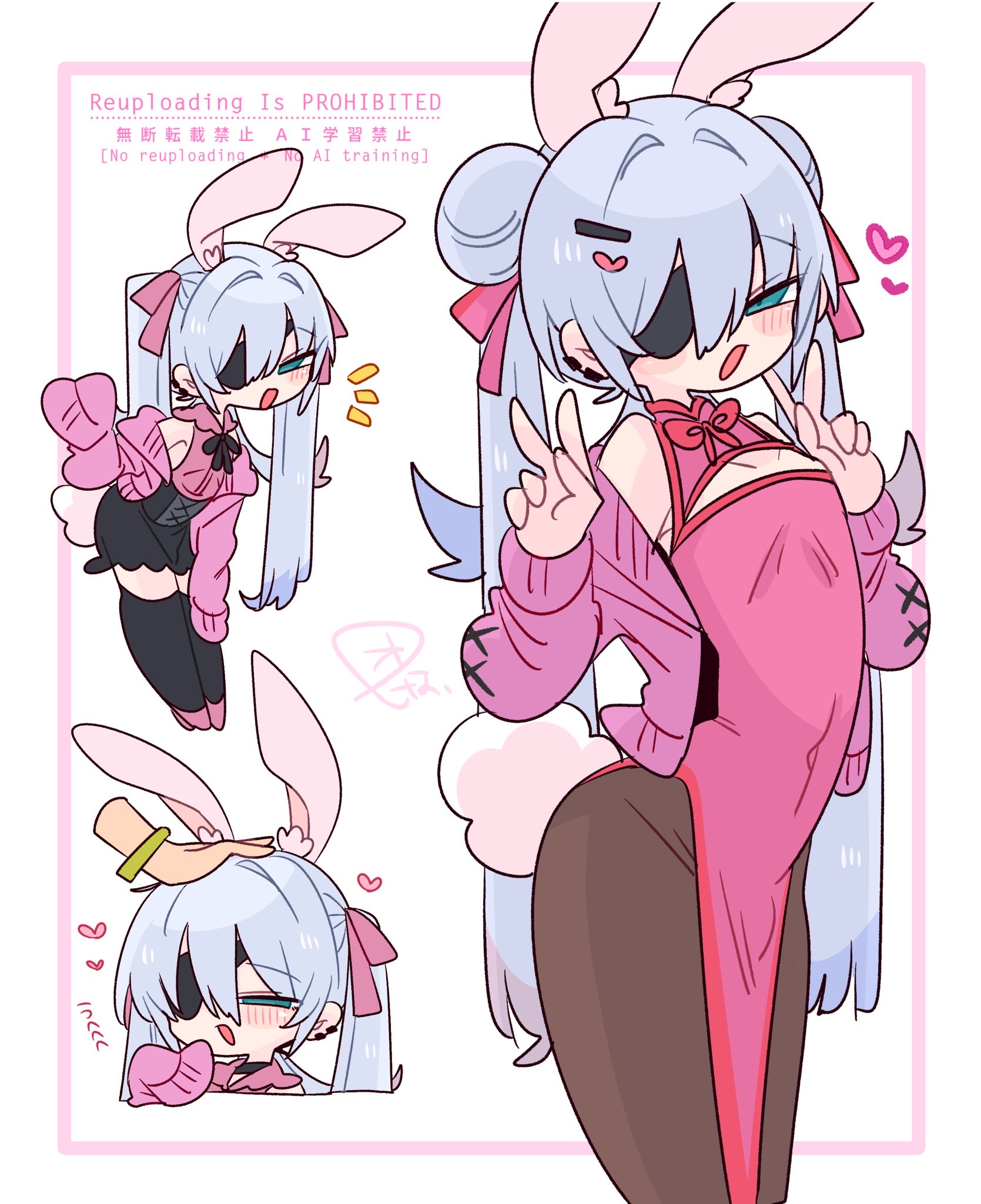 blue eyes, blue hair, breasts, femboy, green eyes, heart, japanese text, male, male only, oc, op na ura, original character, pink, purple hair, rabbit, rabbit boy, rabbit ears, rabbit humanoid, rabbit tail, ribbon, small breasts, smile, twintails