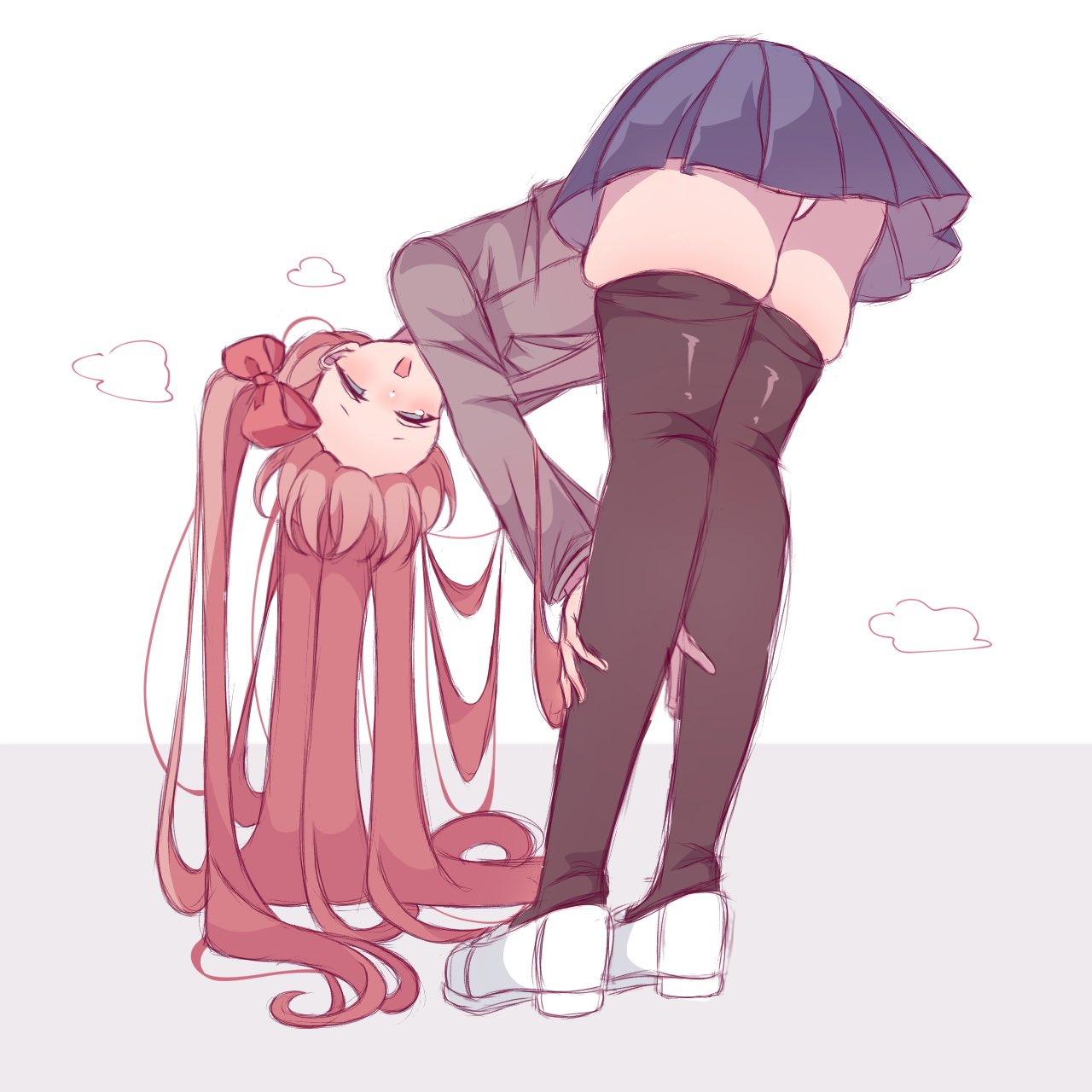 1girls 2025 anime_style bent_over blazer blue_skirt color doki_doki_literature_club female female_only human human_only long_hair looking_at_viewer open_mouth panties pleated_skirt red_bow sayori_(doki_doki_literature_club) skirt smile smiling smiling_at_viewer solo solo_female thick_thighs thigh_squish thighhighs underwear upskirt white_panties