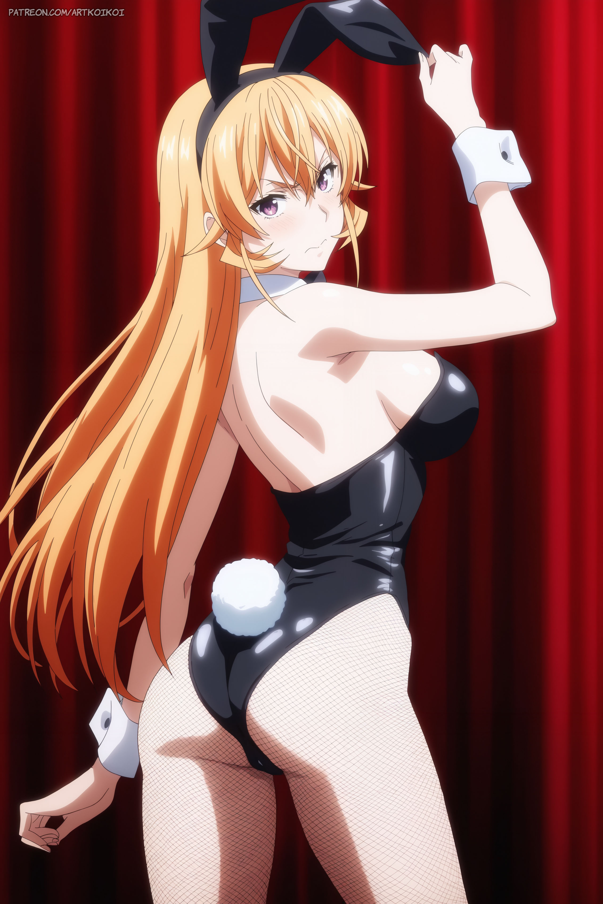 ai generated, artkoikoi, asian, asian female, ass focus, back view, big breasts, blonde hair, breasts, bunny ears, bunny tail, bunnysuit, collar, cuffs, cuffs (clothing), curtain background, fake animal ears, female, highres, hourglass figure, latex, latex bunnysuit, long hair, looking at viewer, nakiri erina, patreon, patreon username, purple eyes, red curtains, shokugeki no souma