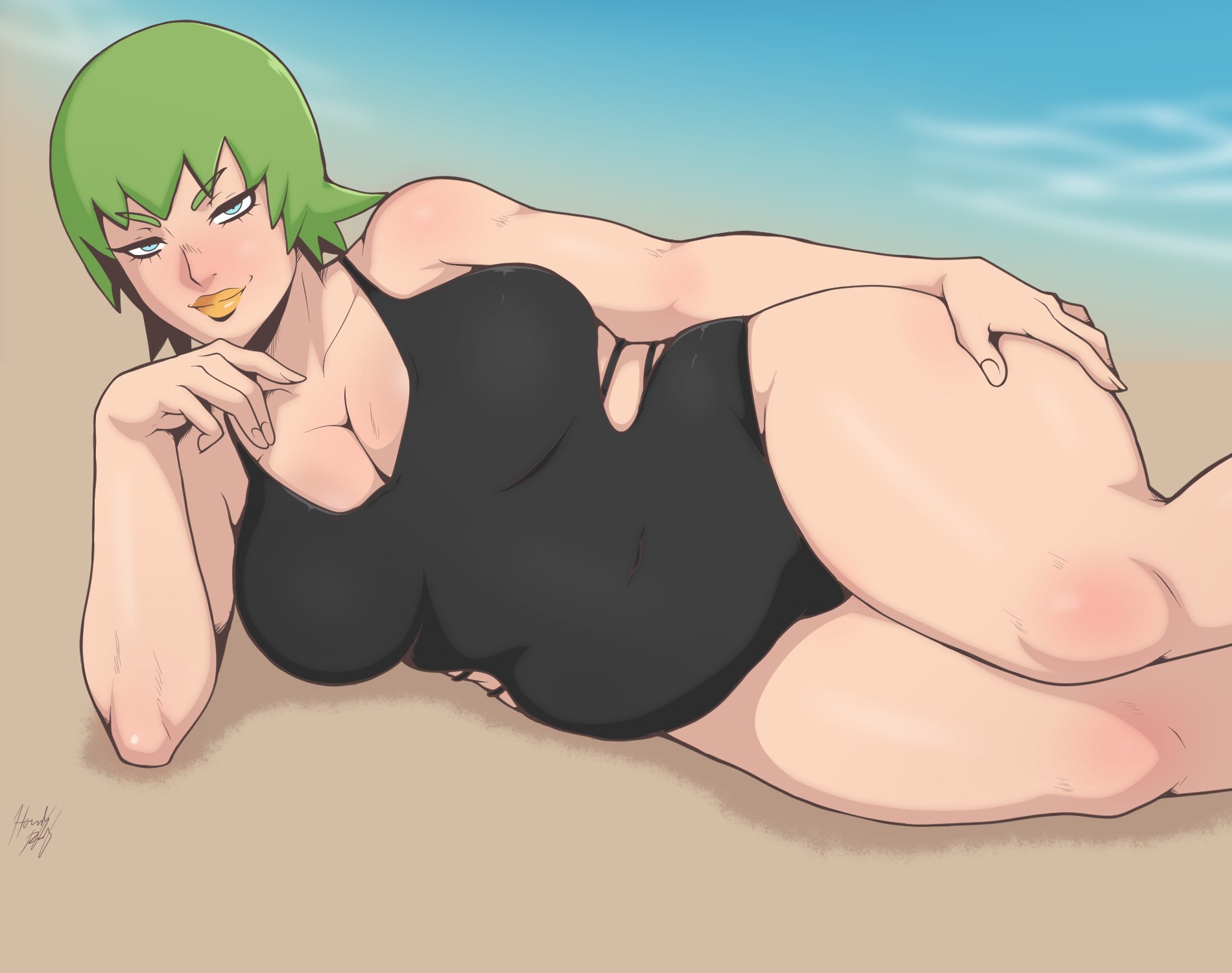 1girls, alternate version available, chubby, chubby female, female, female focus, female only, foo fighters, green hair, hound wolf, jojo's bizarre adventure, light skin, light-skinned female, looking at viewer, short hair, stone ocean, straight hair