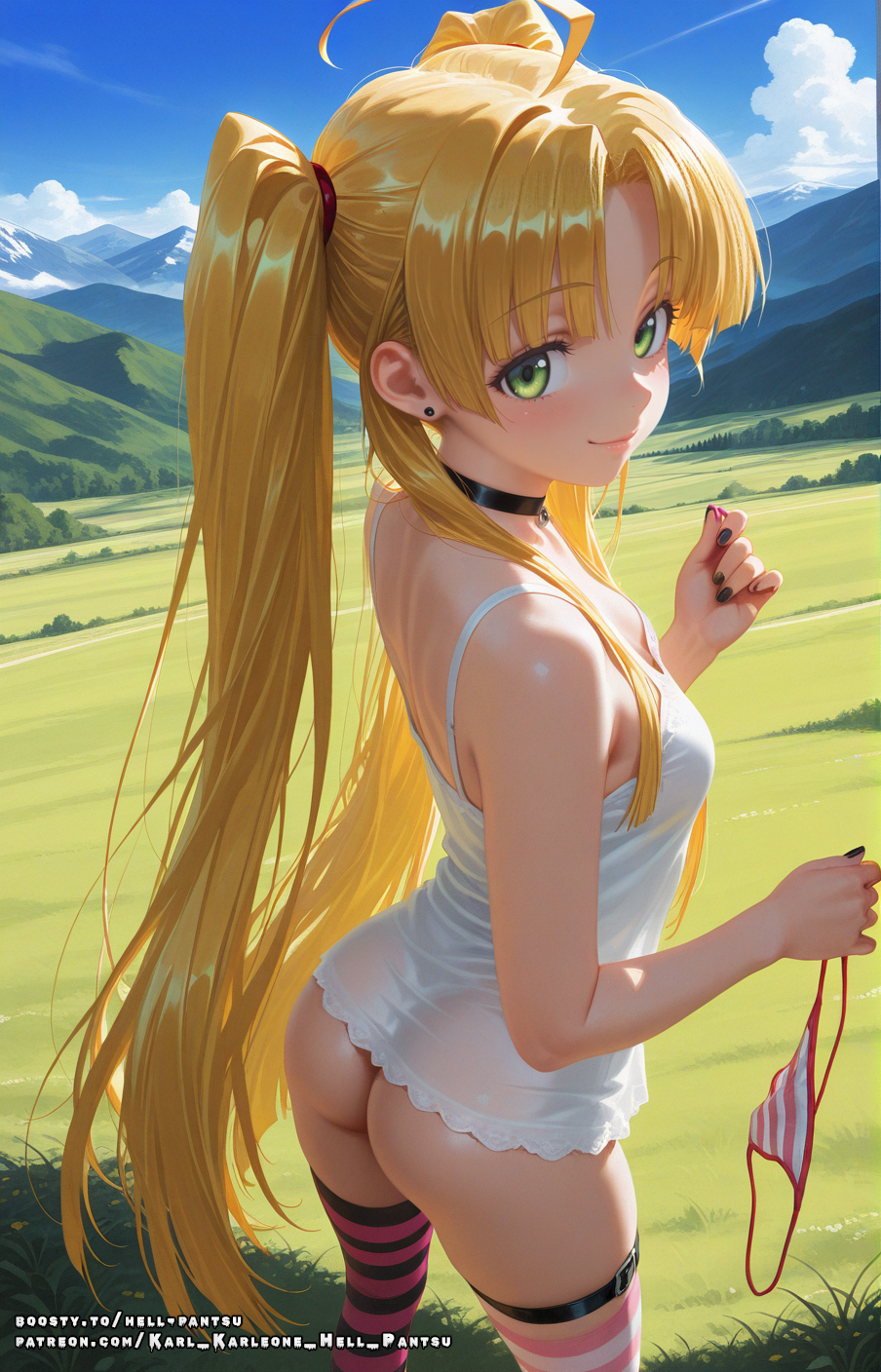 1girls, ahoge, ai generated, asia argento, ass, blonde hair, blush, bottomless, breasts, female, green eyes, hell-pantsu, high school dxd, long hair, outdoors, panties, small breasts, solo, thigh strap, thighhighs, twintails, undressing, uniform
