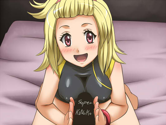 april_lambert awa bare_shoulders bed blonde_hair blush censored english erect_nipples feet female handjob happy latex looking_at_viewer miniskirt_pirates penis pink_eyes pov sheets short_hair smile thighs