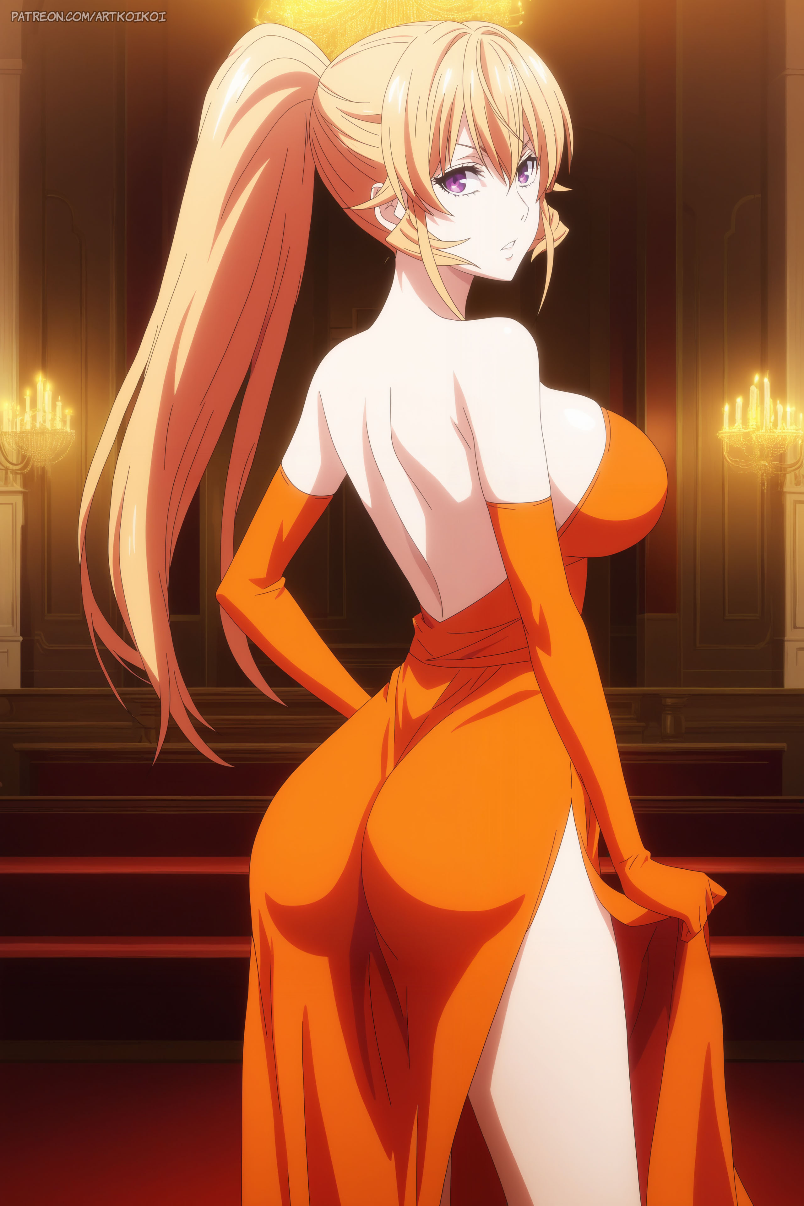 ai generated, artkoikoi, asian, asian female, back view, big breasts, blonde hair, breasts, dress, elbow gloves, elegant, female, high cut, highres, hourglass figure, long hair, nakiri erina, orange dress, orange gloves, patreon, patreon username, ponytail, posing, posing for the viewer, purple eyes, shokugeki no souma