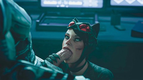 3d batman batman:_arkham_knight big_penis black_hair blowjob bruce_wayne catwoman dc_comics female grabbing_penis large_penis male male/female selina_kyle short_hair veiny_penis