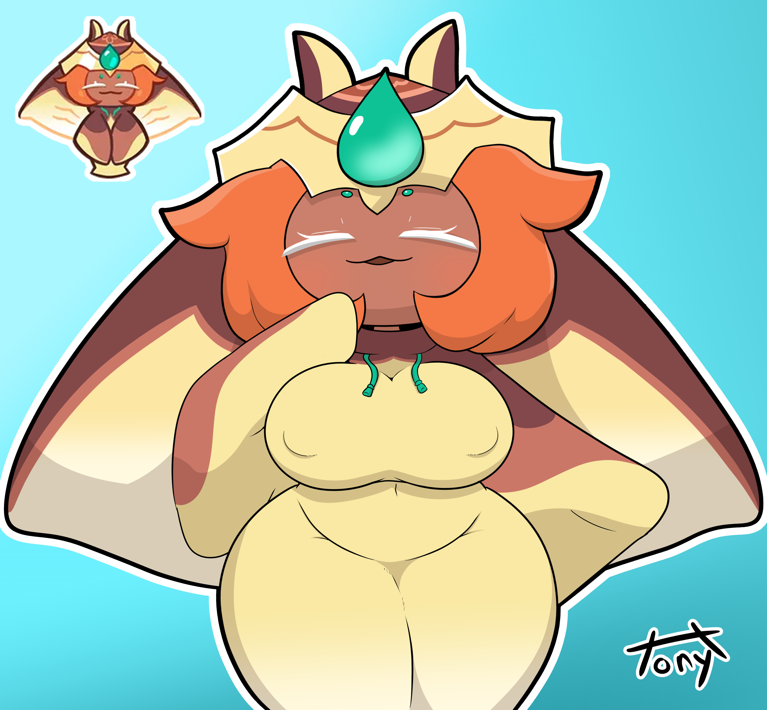 big breasts, big thighs, breasts, closed eyes, cookie run, cookie run ovenbreak, female, mocha ray cookie, nipple bulge, orange hair, tagme, tonytoran