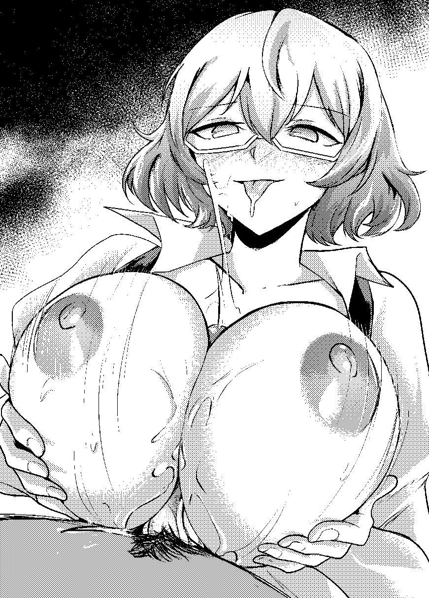 digimon female glasses huge_breasts mirei_mikagura monochrome paizuri sa9x9 short_hair titjob