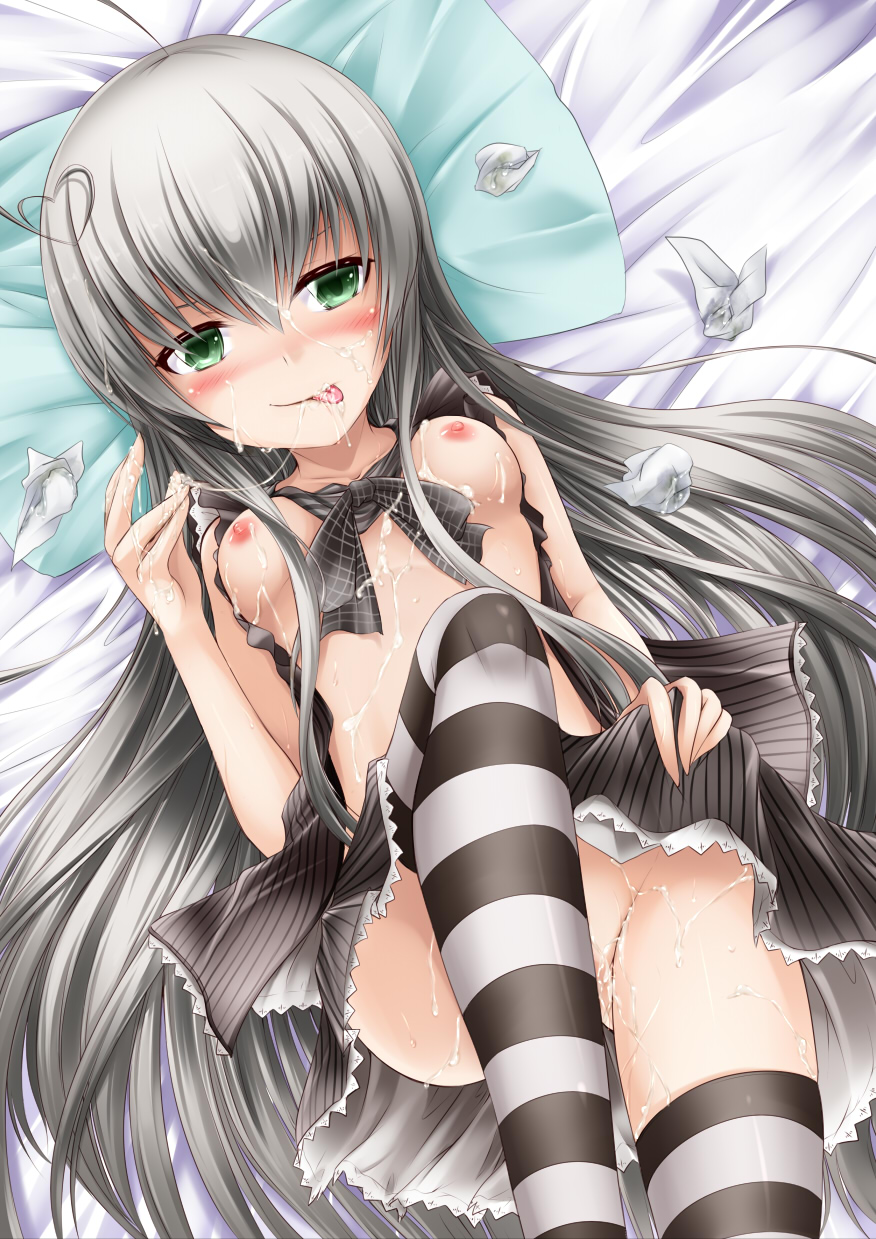 1girls :p ahoge bed_sheet blush breasts checkered checkered_skirt cum cum_on_body cum_on_breasts cum_on_hair cum_on_lower_body cum_on_upper_body facial female green_eyes haiyore!_nyaruko-san heart heart_ahoge heart_hair highres huge_ahoge long_hair lying nipples no_panties nyarlathotep_(nyaruko-san) on_back open_clothes open_mouth pillow school_uniform shimo_(depthbomb) silver_hair skirt skirt_lift solo striped striped_legwear thighhighs tongue