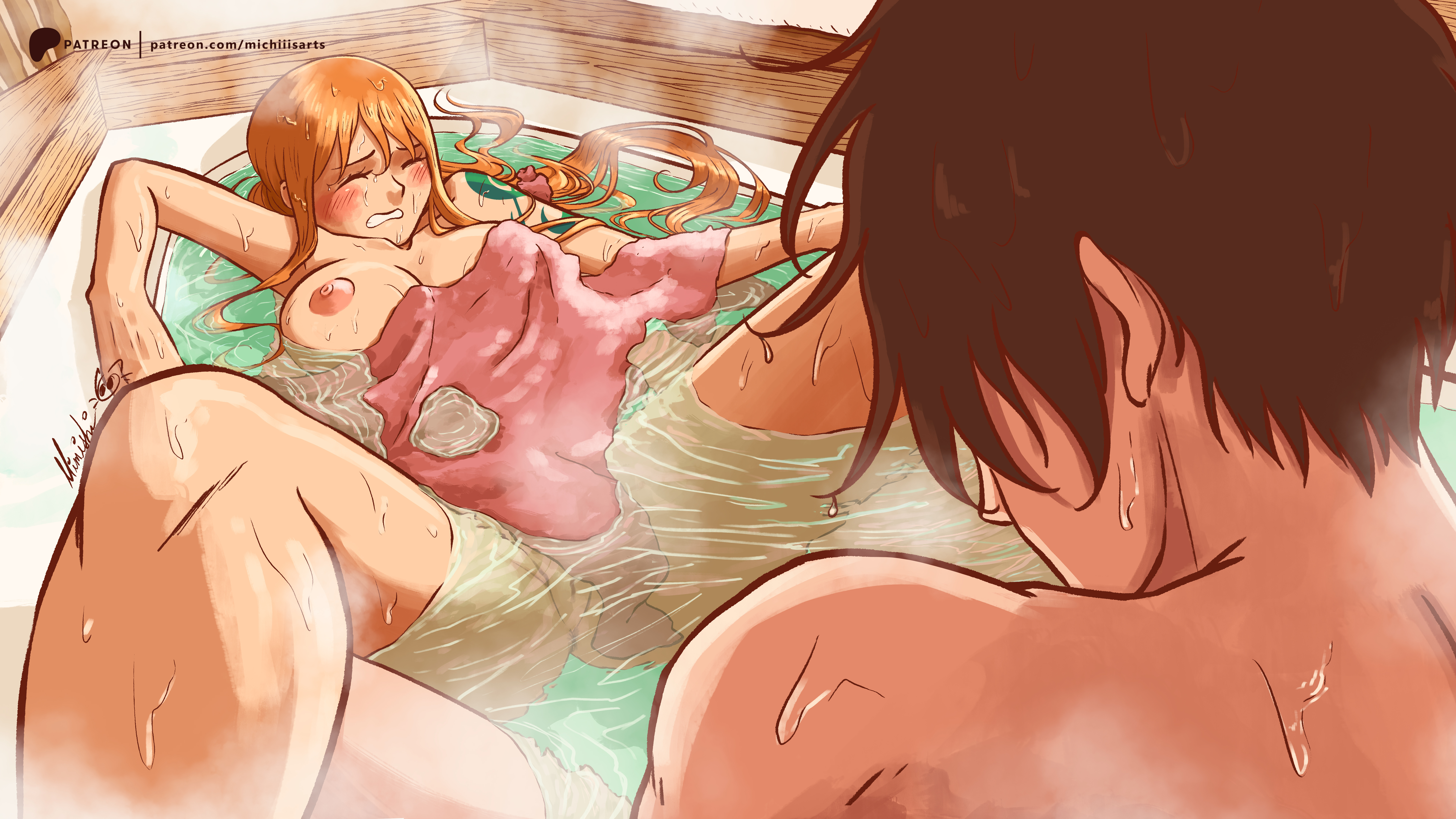 1boy, 1girls, arm tattoo, athletic female, bathing, bathing together, bathroom, bathtub, big breasts, black hair, black-haired male, blue tattoo, blush, blush lines, blushing female, casual nudity, clenched teeth, closed eyes, co-ed, co-ed bathing, collarbone, completely naked, completely naked female, completely naked male, completely nude, completely nude female, completely nude male, embarrassed, embarrassed female, embarrassed nude female, eyebrows, eyelashes, female, fit female, light-skinned female, long hair, long-haired female, male, michiiisarts, mixed bathing, monkey d luffy, naked, naked female, nami (one piece), nipples, nude, one piece, onsen, orange hair, orange-haired female, pink towel, pussy, shiny skin, steam, tattoo, towel, towel only, voluptuous, voluptuous female, water, water drop, watermark, wet, wet body, wet hair, wooden bathtub