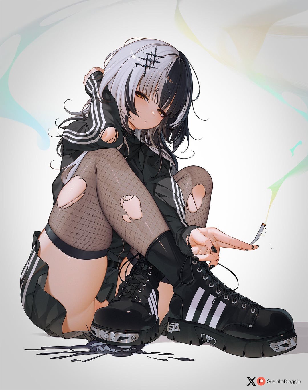 1girls, black hair, boots, cigarette, female, fishnets, goth, goth girl, greatodoggo, hair ornament, hololive, hololive english, hololive english -advent-, looking at viewer, multicolored hair, no panties, shiori novella, skirt, solo female, torn clothes, torn fishnets, track jacket, two-tone hair, virtual youtuber, vtuber, white hair