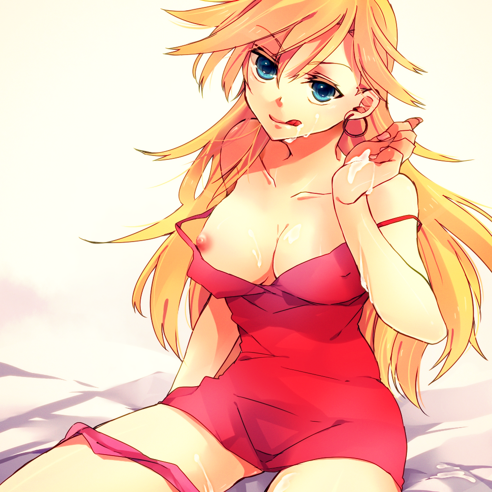 1girls, bare shoulders, blonde hair, blue eyes, breasts, cleavage, cum, cum on breasts, cum on face, cum on upper body, dress, earrings, erect nipples, facial, female, hoop earrings, large breasts, long hair, looking at viewer, nipples, no bra, off shoulder, panties, panty & stocking with garterbelt, panty anarchy, sitting, solo, tongue