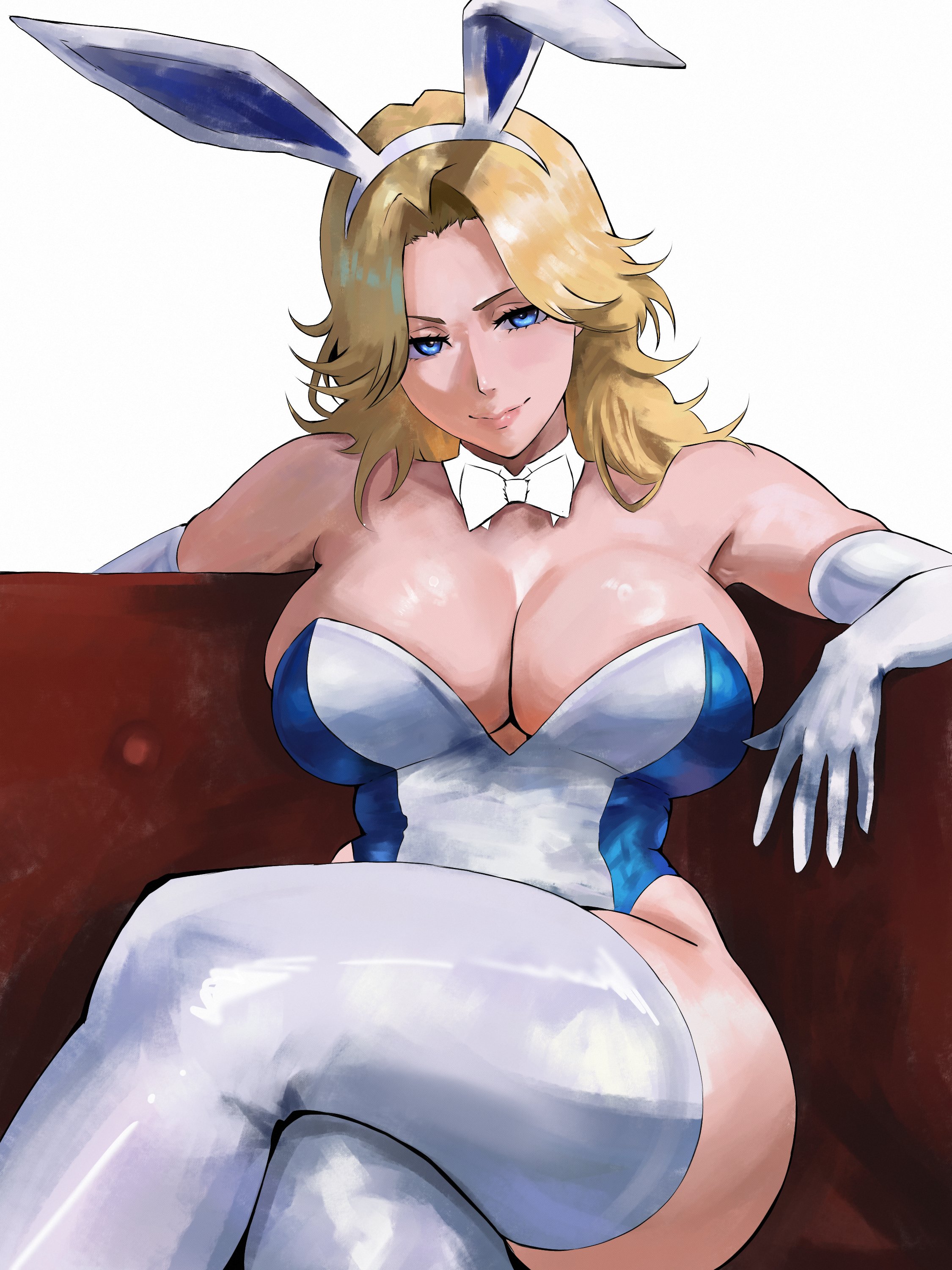 1girls, 2d, animal ears, blonde, blonde female, blonde hair, blonde-haired female, blue eyes, bunny ears, bunny suit, clothed, clothed female, fake animal ears, fantastic four, female, female only, gloves, insomn bion, insomniaboin, invisible woman, invisible woman (marvel rivals), long hair, marvel, marvel comics, marvel rivals, milf, simple background, solo, solo female, sue storm, white background