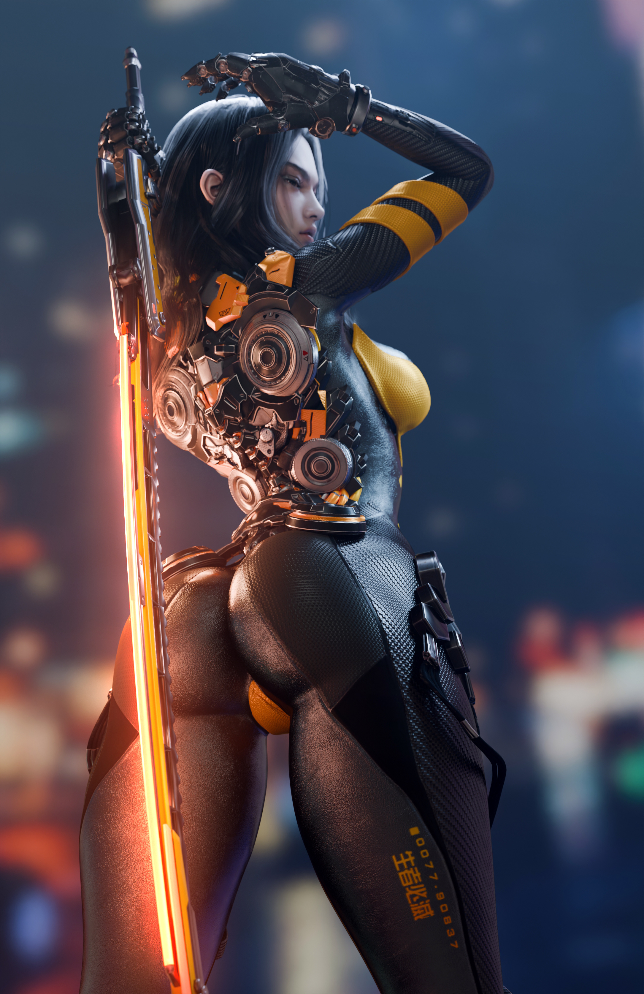 3d, asian, back view, batesz, big ass, big breasts, big butt, black hair, bodysuit, breasts, curvy female, female, female only, huge ass, stellar blade, tachy (stellar blade), thick ass, thick thighs, thighhighs, tight clothing