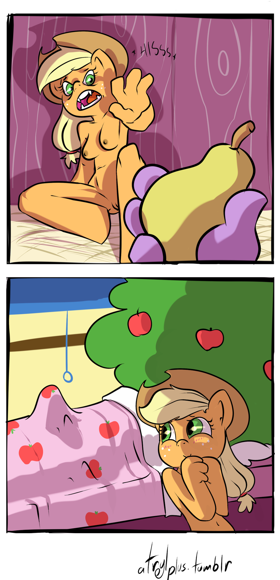 applejack_(mlp) bloomberg_(mlp) breasts earth_pony equine erection fangs female friendship_is_magic fruit fur hiss horse male my_little_pony nipples pear penis pony pussy smooth_skin spike_(mlp)