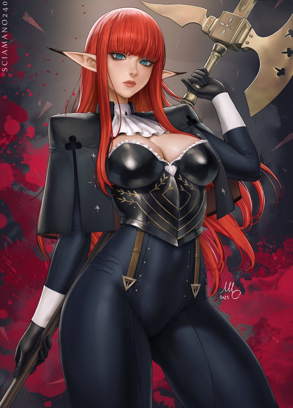 atlus black_gloves blue_eyes blunt_bangs bodysuit breasts child_bearing_hips cleavage eiselin_hulkenberg elf elf_ears female female_elf gloves highres hulkenberg looking_at_viewer mature_female metaphor:_refantazio pointy_ears red_hair sciamano240 sega sex slim_waist straight tagme tight_clothing tight_fit voluptuous voluptuous_female wide_hips