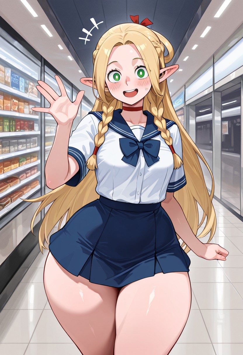 ai_generated big_ass blonde_hair bottom_heavy braided_hair cute delicious_in_dungeon dungeon_meshi elf happy huge_ass huge_thighs innocent marcille_donato ponytail school_uniform skirt smile thick_thighs thighs wave wide_hips