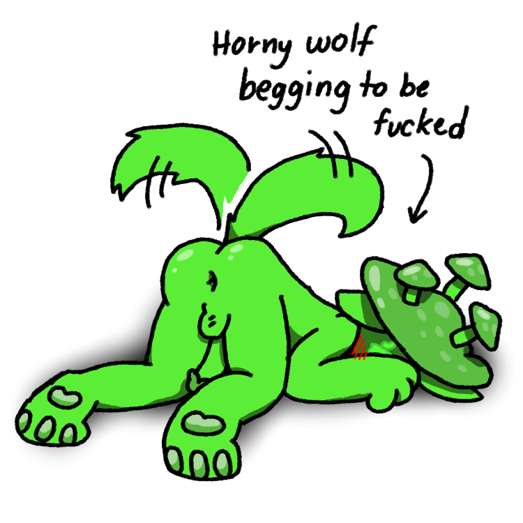 1:1 anal anthro canid canine canis english_text fungus lying male male/male mammal mushroom mushroomwolf on_front profanity solo tail tail_motion tailwag text wolf
