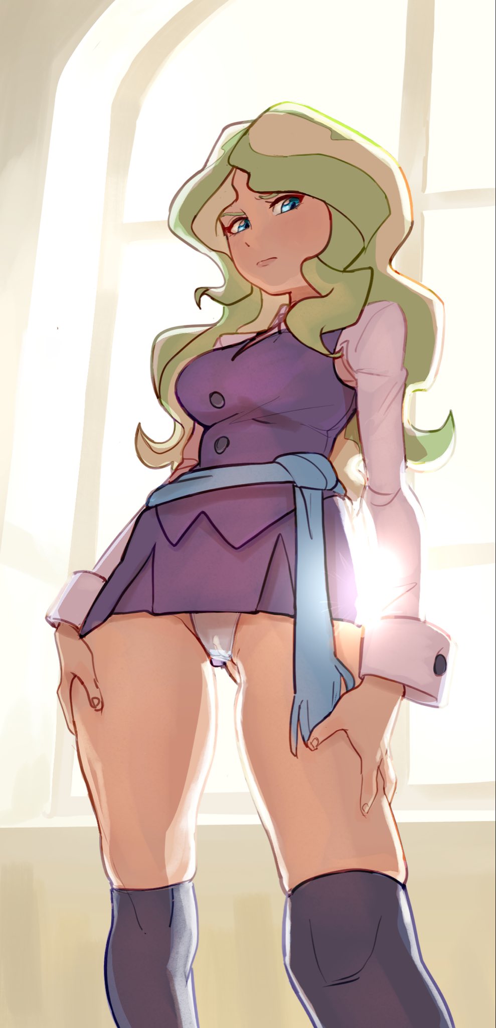 1girls, blue eyes, clothed, diana cavendish, female, female only, from below, fully clothed, green hair, little witch academia, looking at viewer, panties, pussy, pussy visible through clothes, rirurirue, skirt, thighs, upskirt