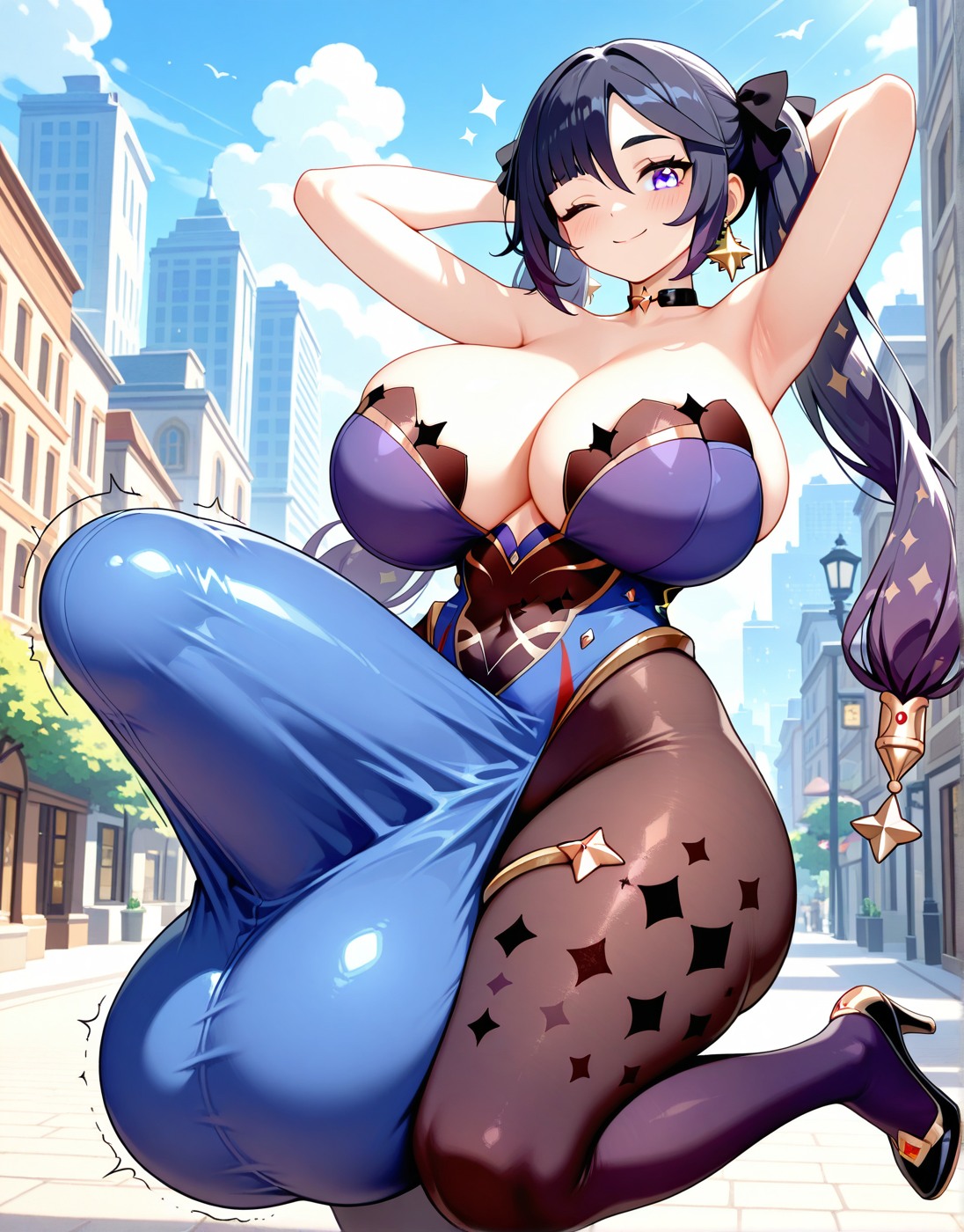 1futa ai_generated bangs bare_arms black_choker black_heels black_pantyhose blue_eyes blue_hair blush choker cleavage closed_mouth dark_blue_hair earrings female futa_only futanari genshin_impact gigantic_balls hair_between_eyes hair_ornament hair_ribbon hands_behind_head heels high_heels huge_balls huge_breasts huge_bulge huge_cock hyper impossible_clothes impossible_fit large_penis looking_at_viewer mona_(genshin_impact) pantyhose sidelocks smile smiling solo star_earrings thick_thighs twintails unkftlvr wink