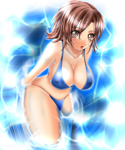 1041_(pixiv) 1041_(toshikazu) 1girls big_breasts bikini breasts brown_eyes brown_hair cleavage female kazama_asuka large_breasts namco solo swimsuit tekken tekken_5_dark_resurrection tekken_tag_tournament_2 water wet