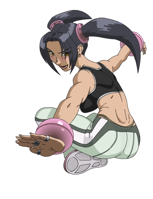 ass black_hair bracelets clothed fighting_pose ling_xiaoyu muscular namco smile tekken tekken_3 tekken_4 tekken_5_dark_resurrection tekken_blood_vengeance tekken_tag_tournament_2 tied_hair twintails yellow_eyes