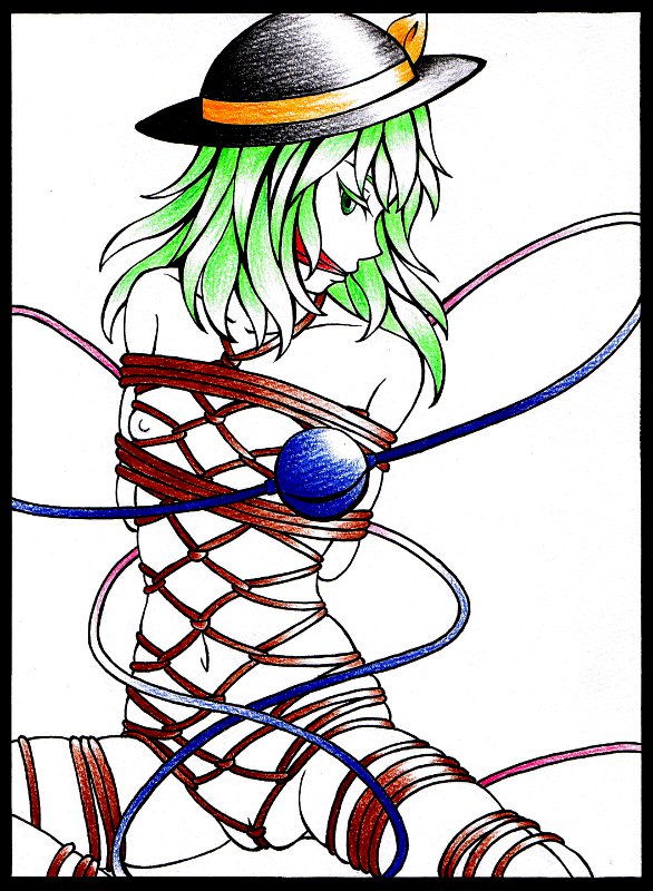 arms_behind_back ballpoint_pen_(medium) bondage colored_pencil_(medium) green_eyes green_hair hat koishi_komeiji looking_away navel nude rope sitting solo tosihakikumanori touhou traditional_media