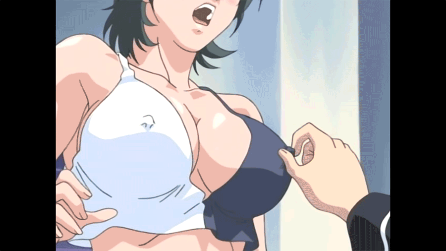 angry, animated, bible black, blush, breast grab, breasts, cleavage, crop top, female, minase yukiko, nipple grab, nipple tweak, screencap, tank top, yuri
