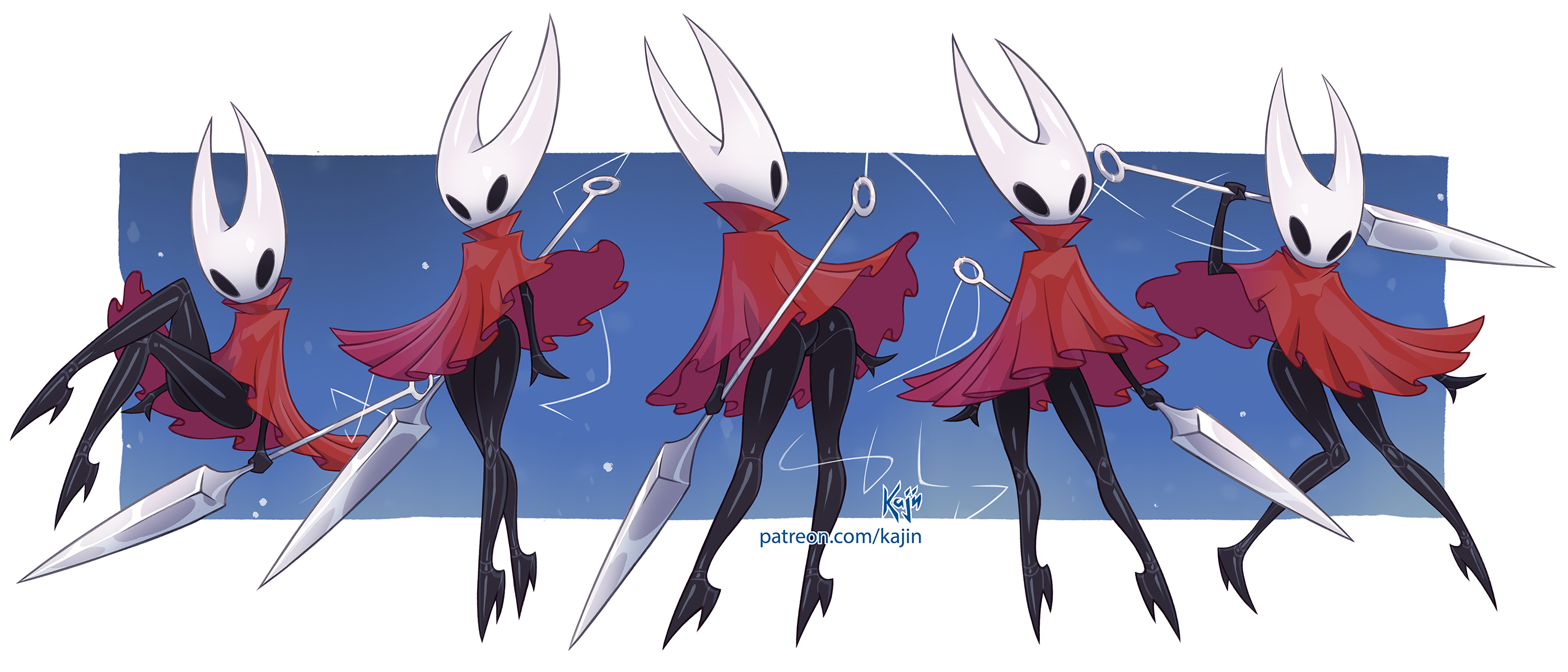 arthropod girl, ass, black eyes, black skin, blue background, border, cloak, colored skin, commentary, crossed legs, english commentary, female, female only, full body, high heels, highres, holding, holding behind back, holding weapon, holding weapon behind back, hollow eyes, hollow knight, horned mask, hornet (hollow knight), invisible chair, kajinman, large variant set, mask, multiple views, needle (hollow knight), outside border, outstretched arm, over shoulder, paid reward available, patreon username, red cloak, see-through silhouette, signature, sitting, solo, standing, thread, variant set, weapon, weapon over shoulder, web address, white border