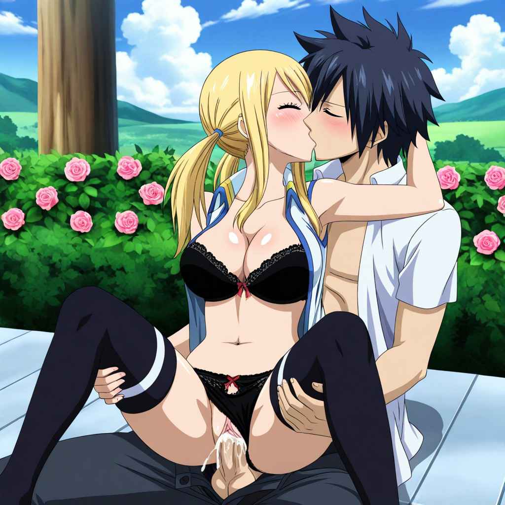 ai_generated black_hair blonde_hair breasts buttcrack couple cum_in_pussy cum_inside fairy_tail gray_fullbuster lucy_heartfilia naked romantic_sex shy sucking_nipple thighhighs vaginal_penetration vaginal_sex