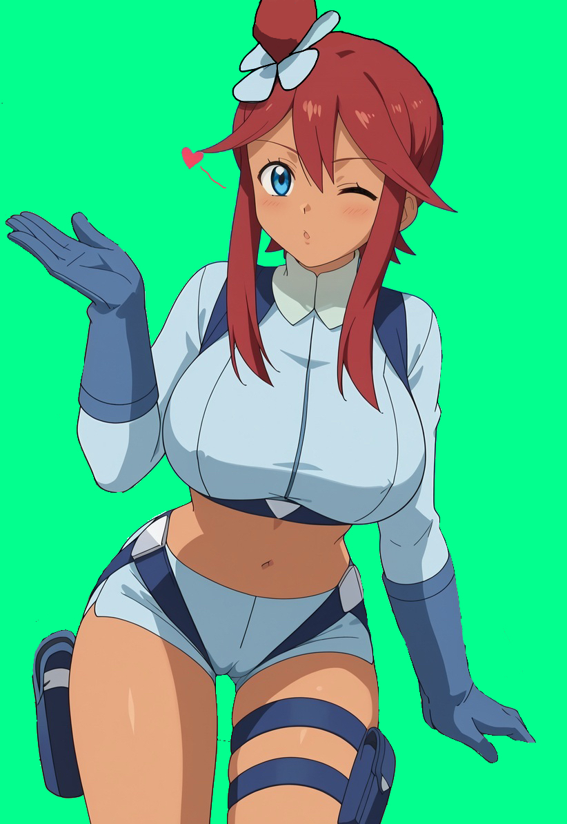 1girls big_breasts big_thighs blowing_kiss blue_eyes clothed dark-skinned_female dark_skin female female_only game_freak gloves heart large_breasts large_thighs nintendo paulinebabe pokemon pokemon_bw red_hair skyla_(pokemon) wink winking_at_viewer