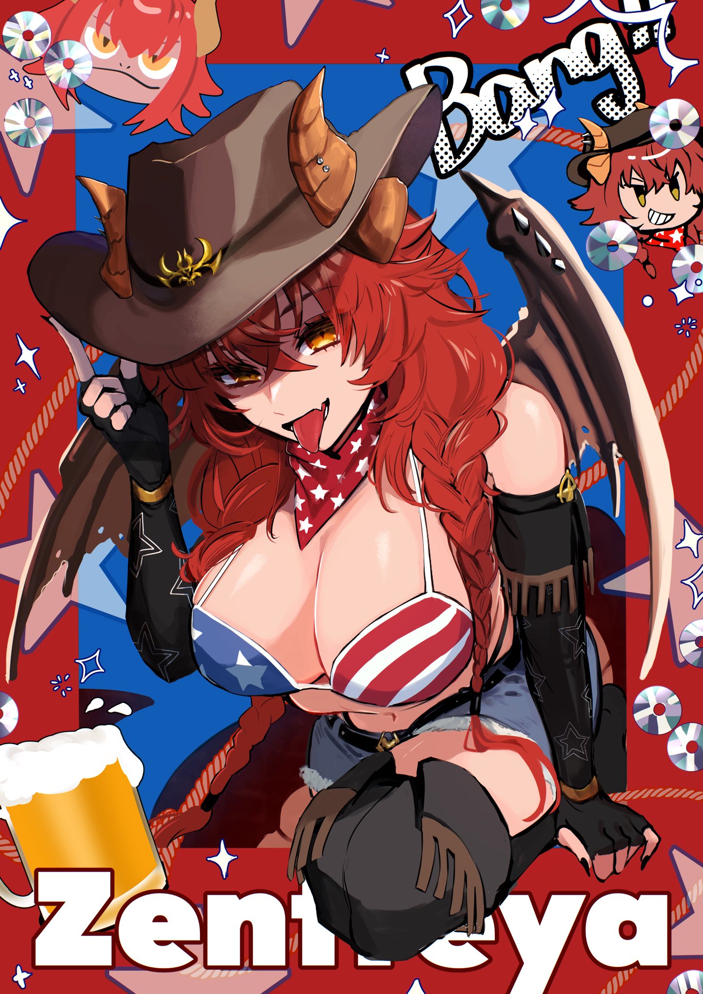 american flag bikini, big breasts, breasts, cowboy hat, dragon girl, dragon wings, female, red hair, tongue, tongue out, virtual youtuber, vshojo, zentreya, zentreya (cowboy bikini), zentreya (dragon)