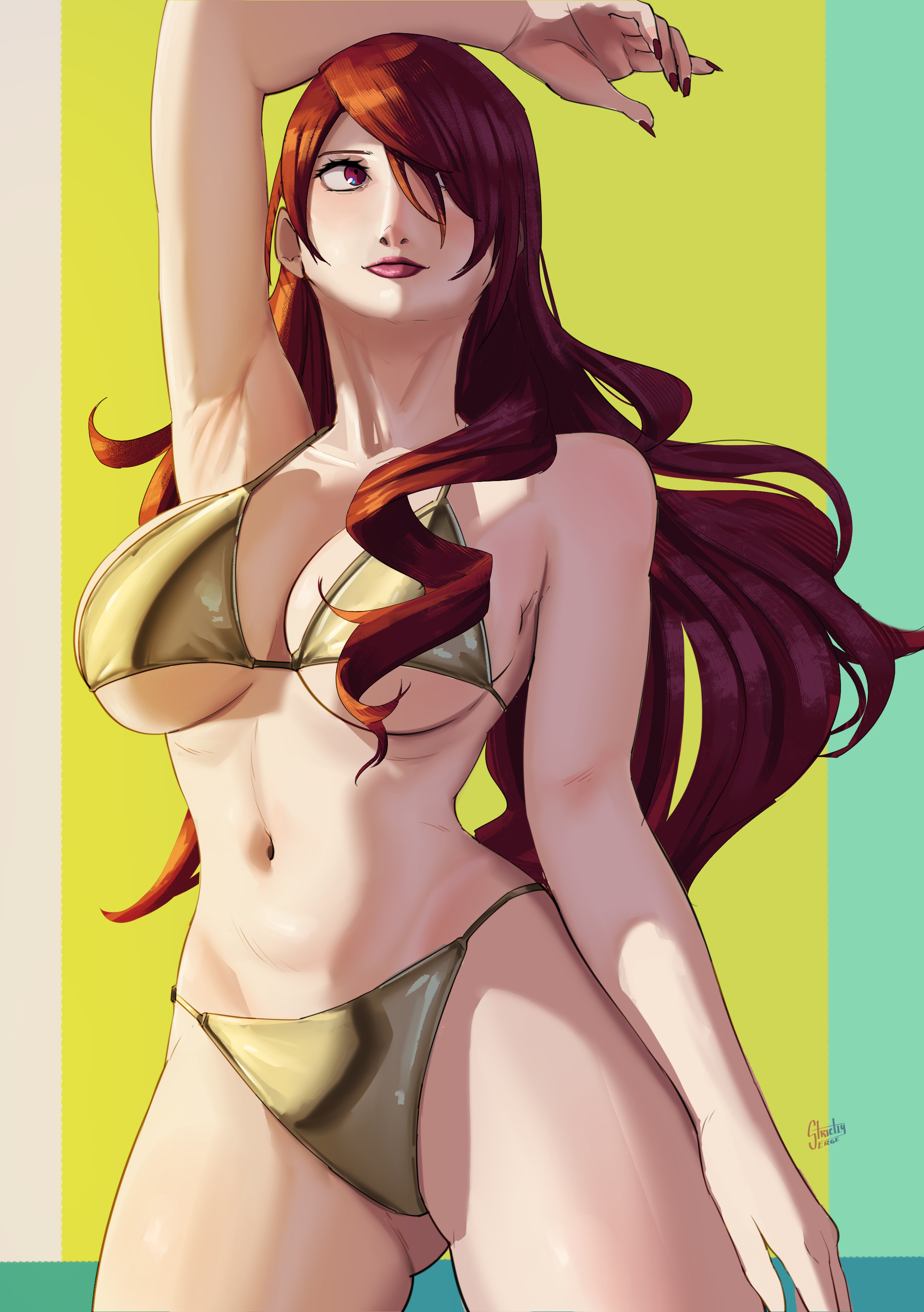1girls, artist logo, artist name, atlus, bikini, casual, female, golden bikini, hair over one eye, megami tensei, mitsuru kirijo, persona, persona 3, red eyes, red hair, sega, strictlyserge