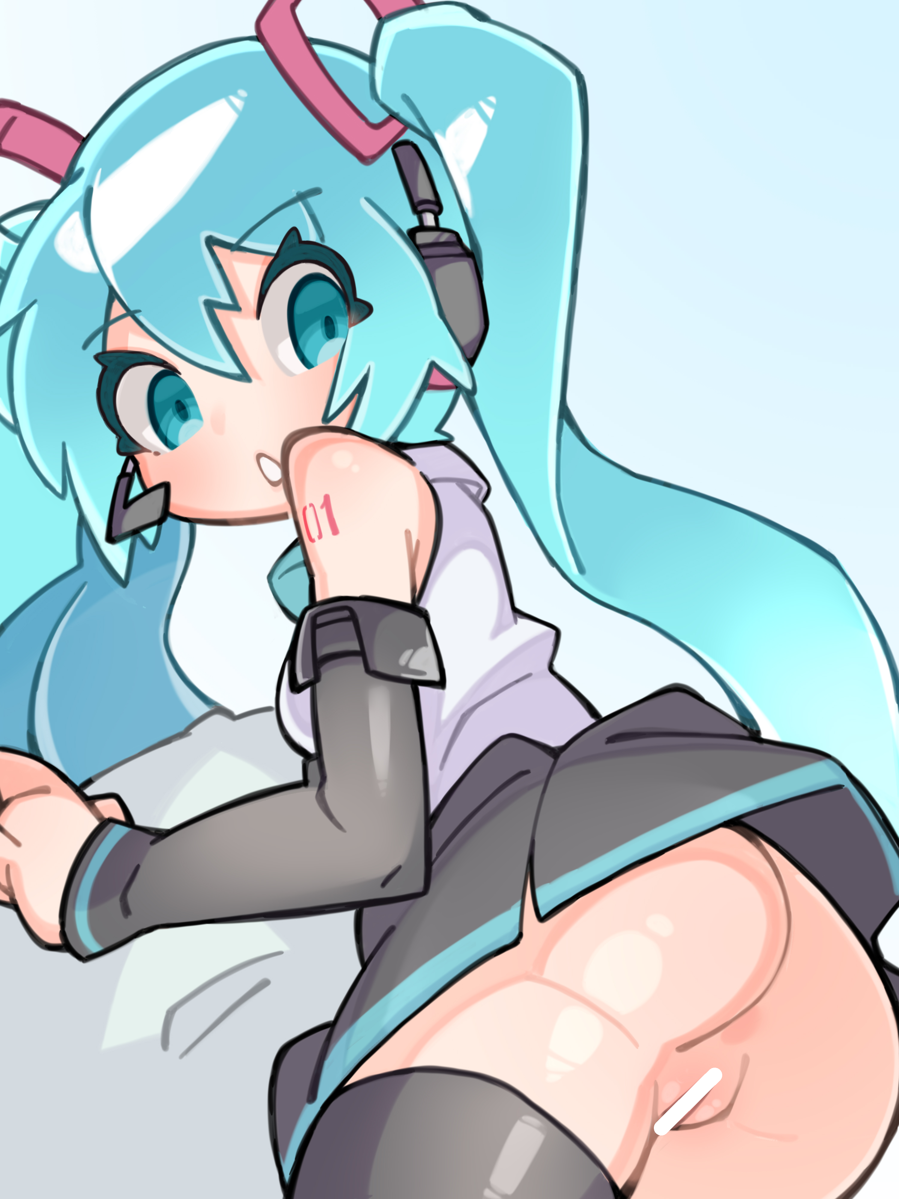 1girl, 1girls, aqua eyes, aqua hair, ass, ass focus, bangs, bar censor, bare shoulders, black skirt, black sleeves, black thighhighs, censored, detached sleeves, female, female only, from behind, grey shirt, hair between eyes, hair ornament, hatsune miku, headphones, headset, long hair, looking at viewer, looking back, lying, no panties, open mouth, pleated skirt, pussy, shirt, shoulder tattoo, skirt, sleeveless, sleeveless shirt, solo, sweelan, tattoo, thighhighs, twintails, very long hair, vocaloid