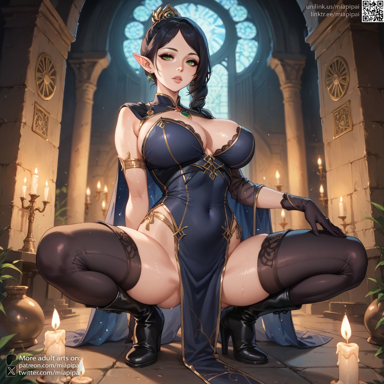 1girls 2024 ai_generated armlet artist_name baldur's_gate baldur's_gate_3 black_footwear black_gloves black_hair black_thighhighs boots braid breasts candle cape church cleavage covered_navel dark_justiciar dark_justiciar_shadowheart dark_shadowheart dress earrings elf female gloves green_eyes gumroad_username high_heel_boots high_heels indoors jewelry justiciar large_breasts lips looking_at_viewer miapipai parted_lips patreon_username pelvic_curtain pointy_ears self_upload shadowheart shadowheart_(baldur's_gate) solo spread_legs squatting stable_diffusion sweat thighhighs thighs twitter_username