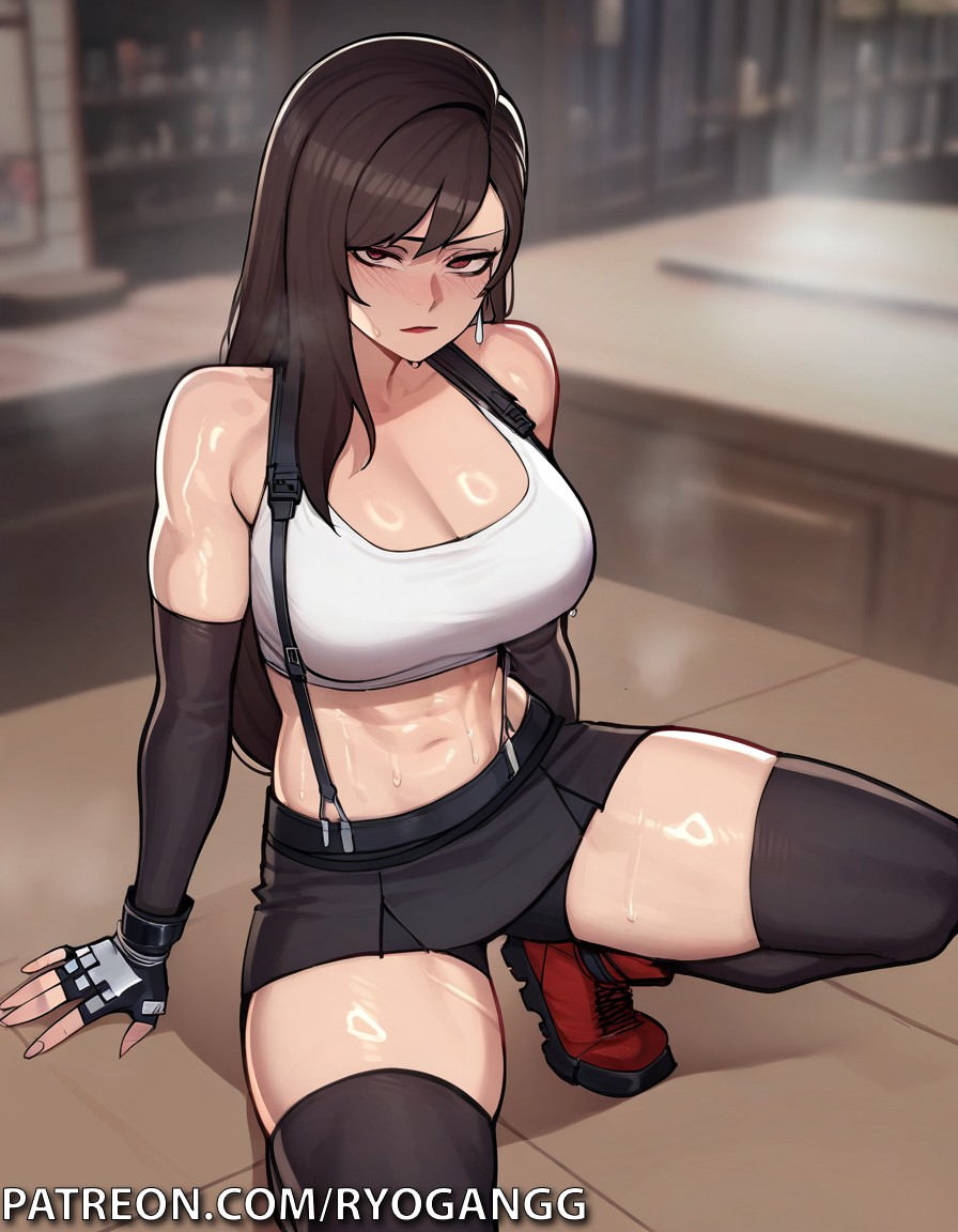 ai_generated crop_top final_fantasy final_fantasy_vii fingerless_gloves gloves large_ass muscular_female ryogangg skirt spread_legs squatting thick_thighs thighhighs tifa_lockhart toned_female