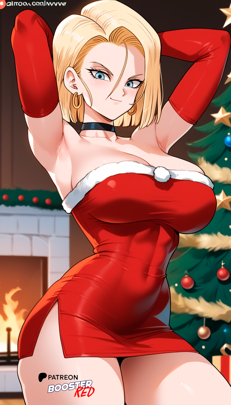 ai_generated android_18 arms_above_head arms_behind_back bare_shoulders black_choker blonde_female blonde_hair blue_eyes boosterred99 choker christmas christmas_clothing christmas_outfit christmas_tree dragon_ball dragon_ball_z dress earrings large_breasts pony_diffusion_xl red_dress santa_costume seductive_look seductive_smile short_hair small_dress strapless thighs white_thong wide_hips