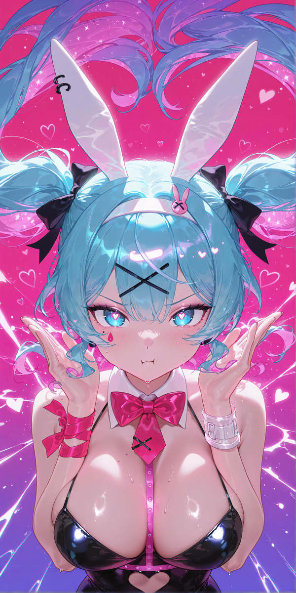 ahoge ai_assisted ai_generated big_breasts blue_hair bunny_ears bunny_girl bunny_tail bunnysuit electricity hatsune_miku heart heart_eyes huge_breasts long_hair pink_eyes pink_hair rabbit_hole_(vocaloid) ribbon twintails vocaloid